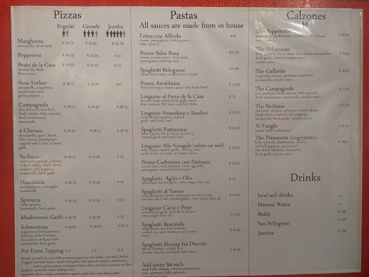 Menu, Did's Pizza