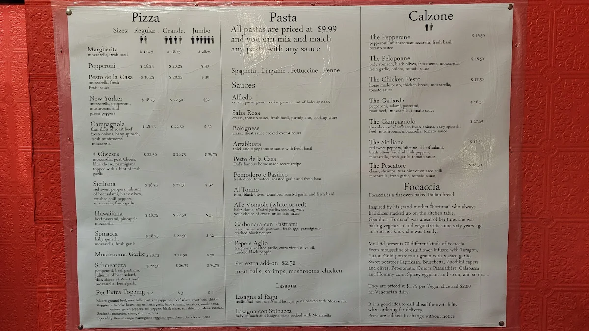 Menu, Did's Pizza