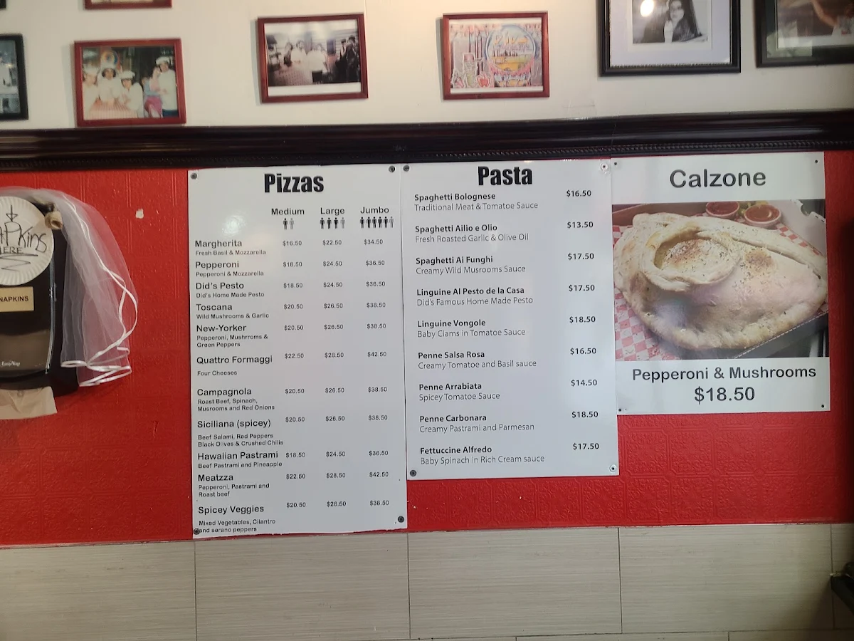 Menu, Did's Pizza