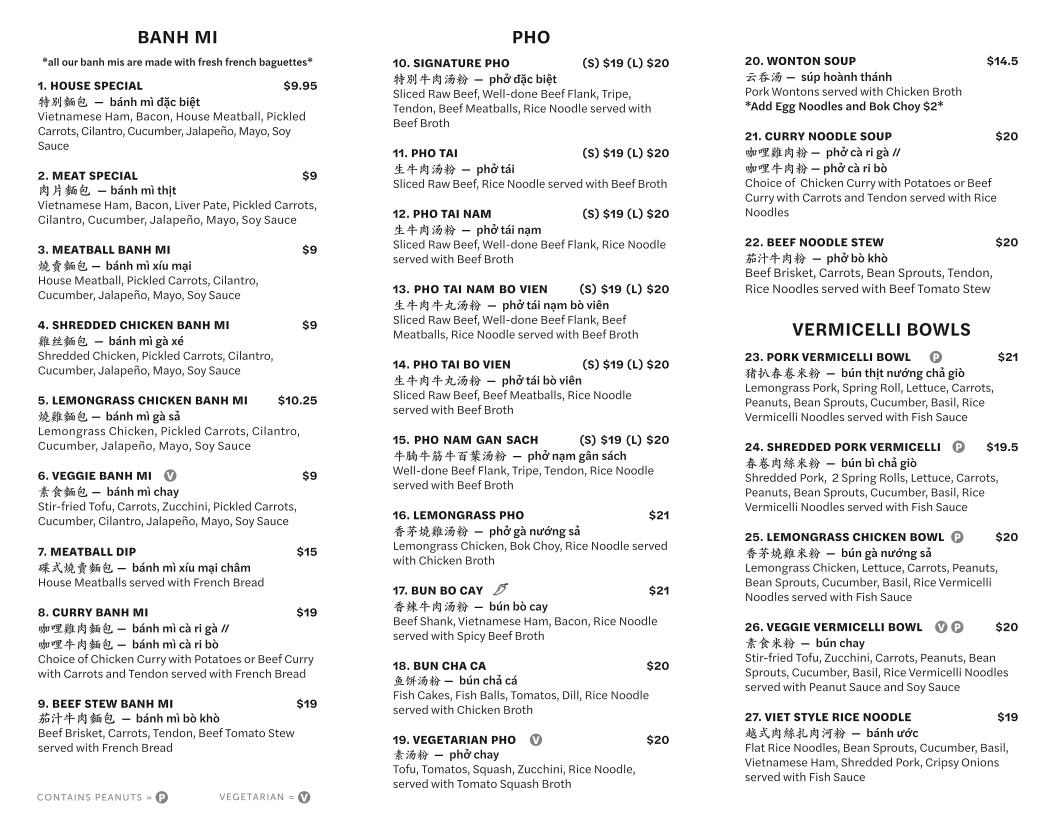 Menu, Merci Beaucoup Cafe