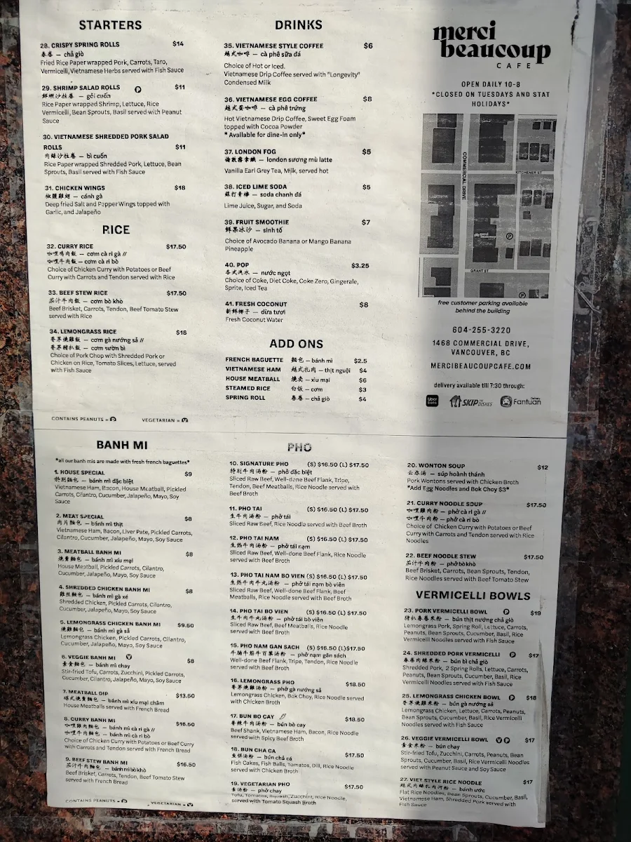 Menu, Merci Beaucoup Cafe