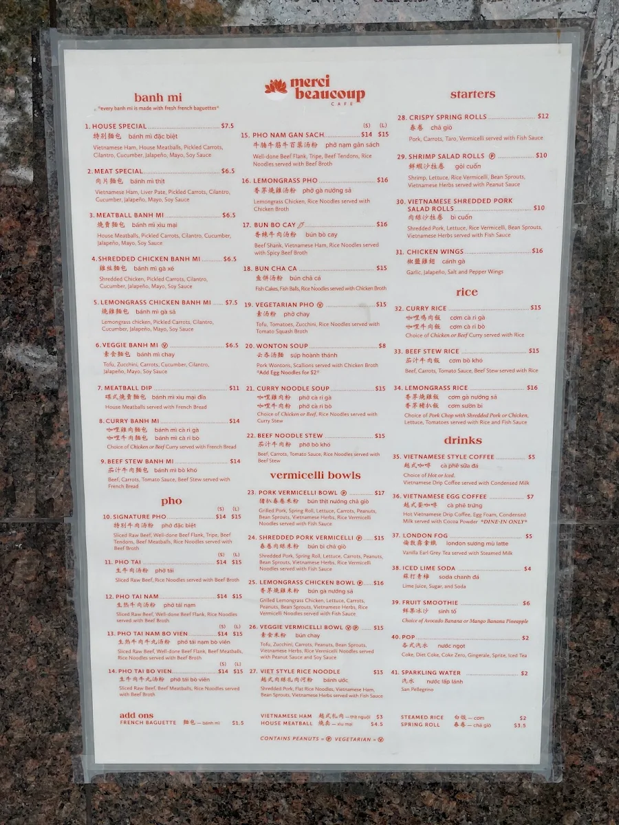 Menu, Merci Beaucoup Cafe
