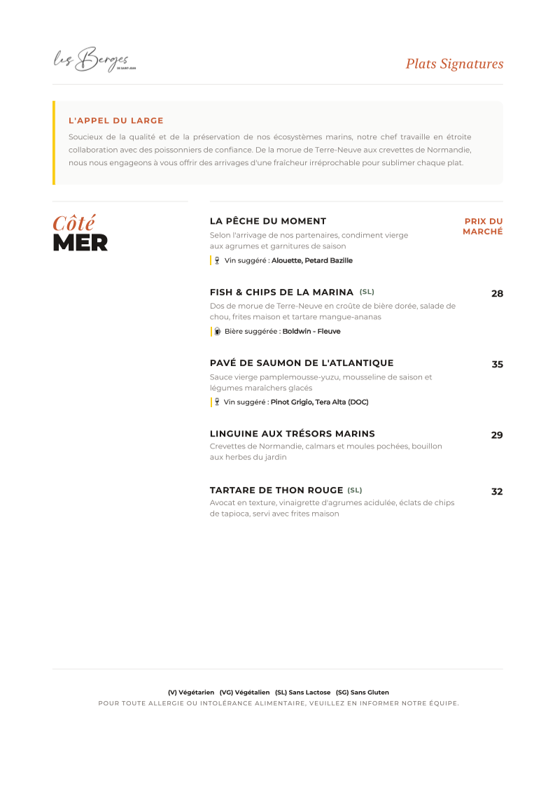 Menu, Restaurant Les Berges de Saint-Jean