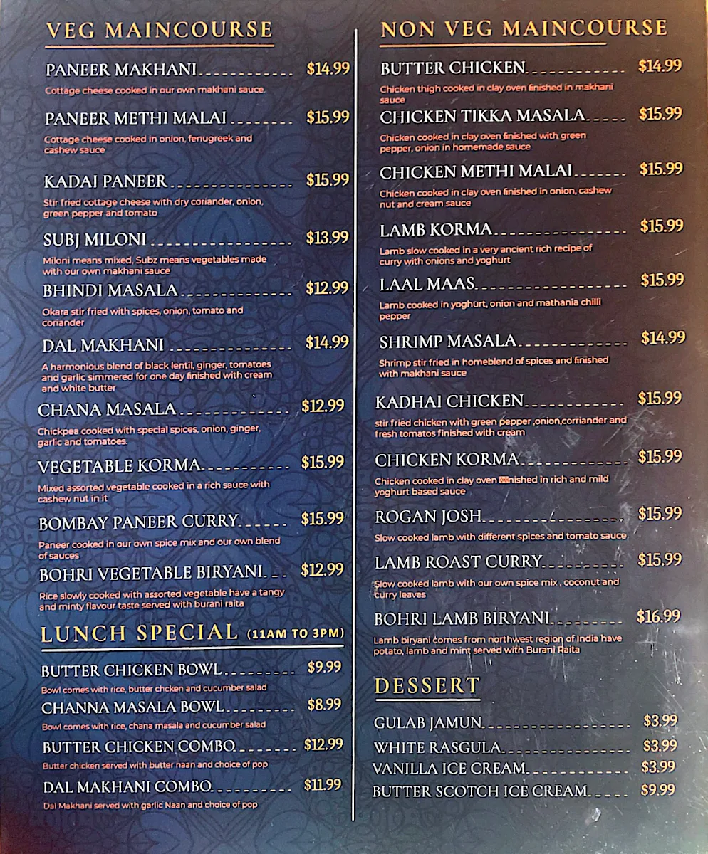 Menu, Makhani Indian restaurant