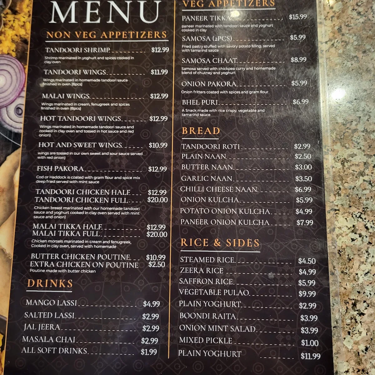Menu, Makhani Indian restaurant