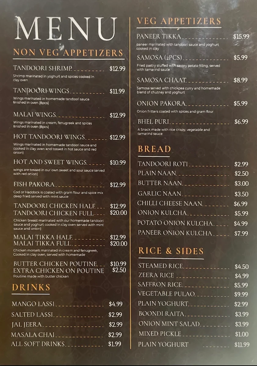 Menu, Makhani Indian restaurant