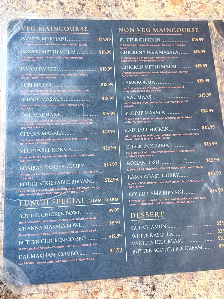 Menu, Makhani Indian restaurant