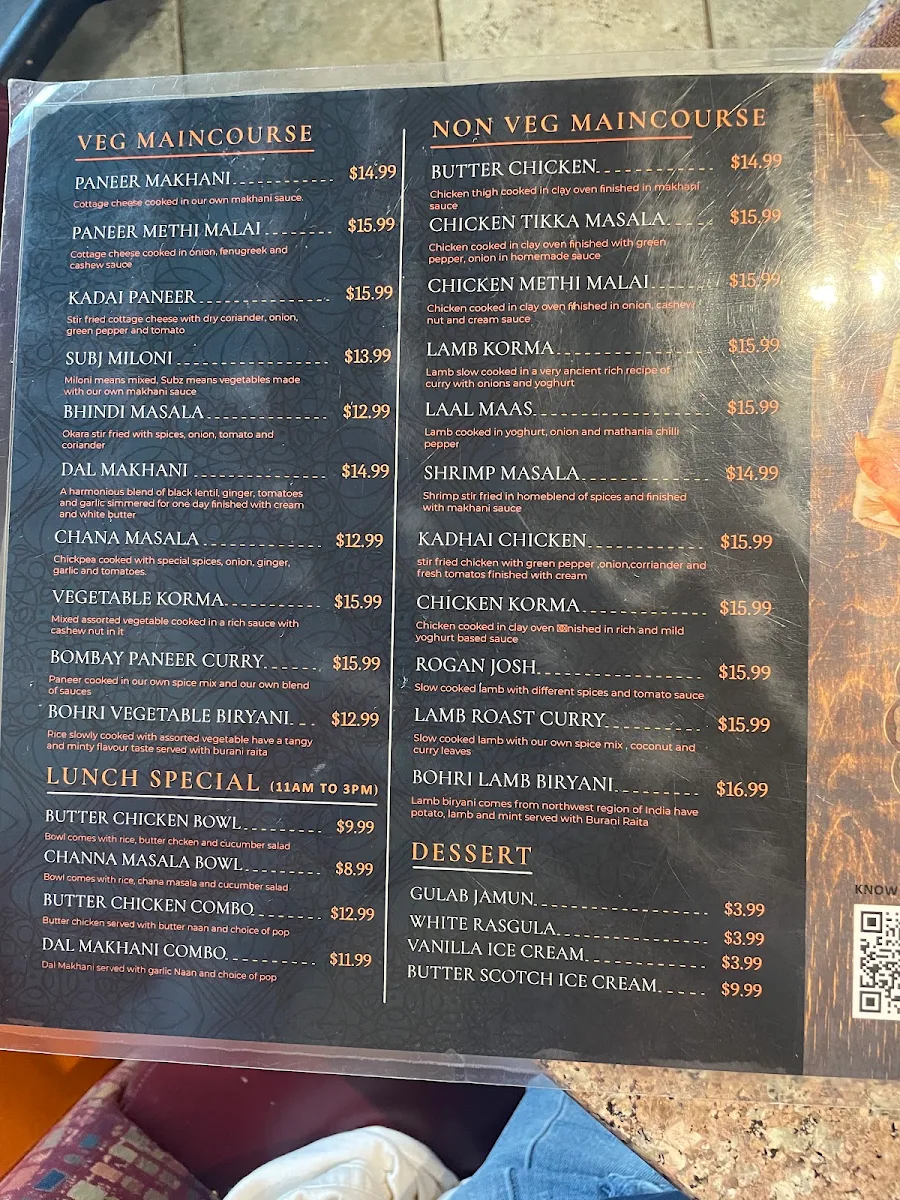 Menu, Makhani Indian restaurant