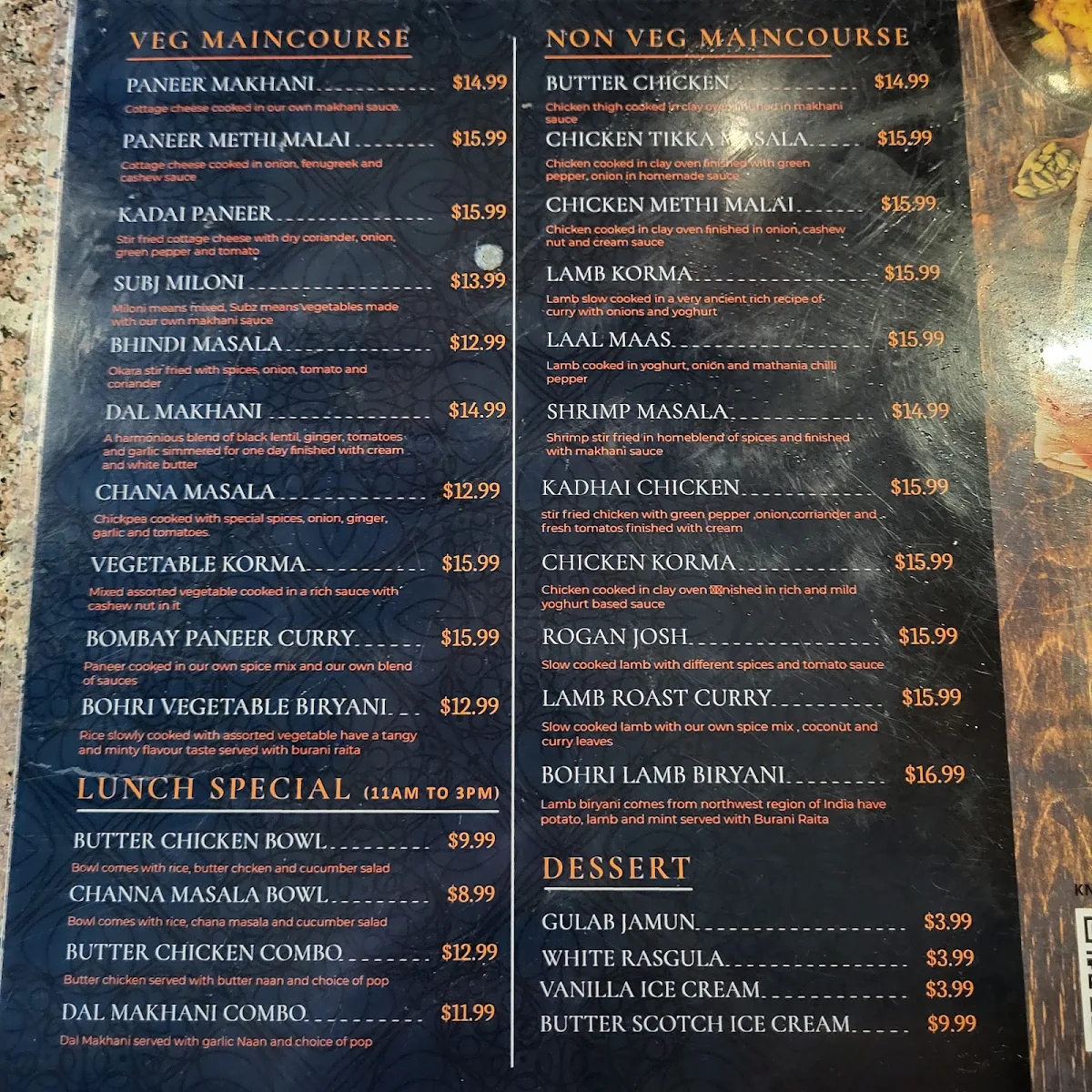 Menu, Makhani Indian restaurant
