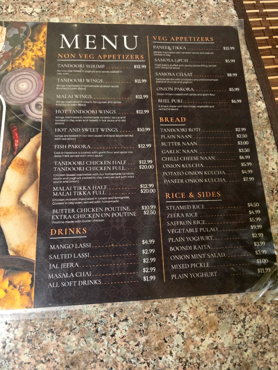 Menu, Makhani Indian restaurant