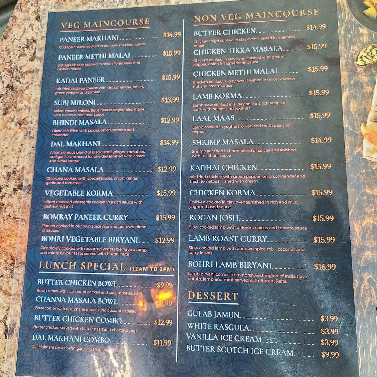Menu, Makhani Indian restaurant
