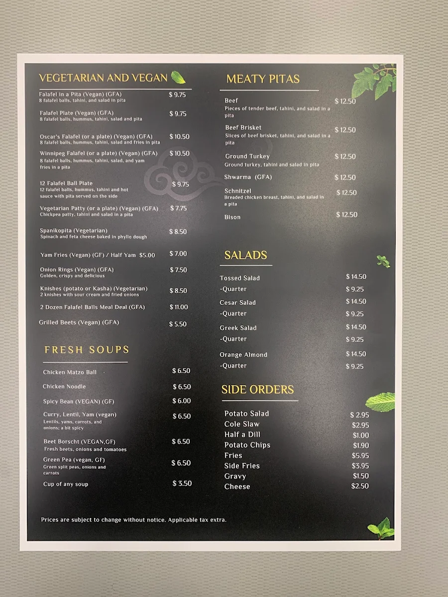 Menu, Oscar's Deli