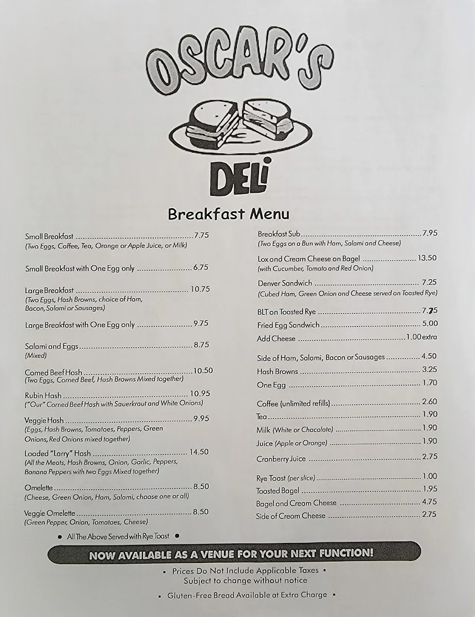 Menu, Oscar's Deli