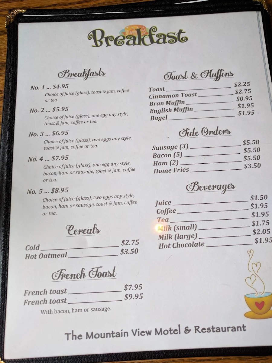 Menu, The Mountain View Restaurant