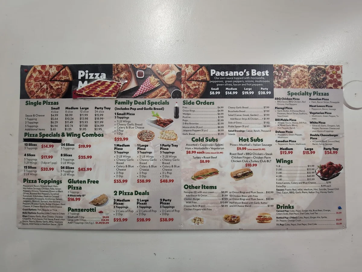 Menu, Paesano Pizza