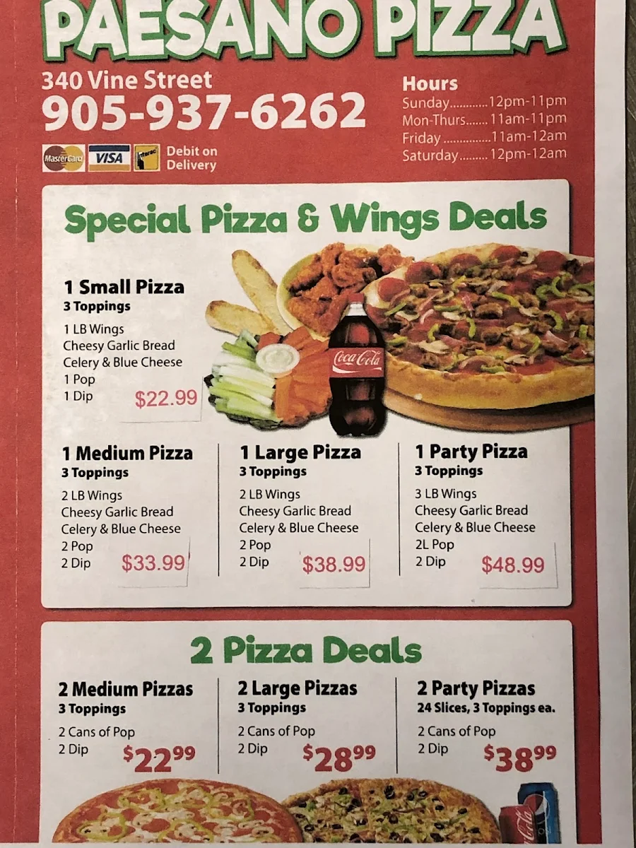 Menu, Paesano Pizza