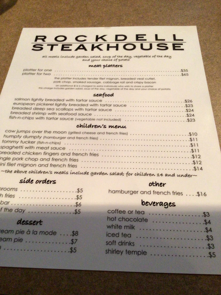 Menu, Rock Dell Steak House