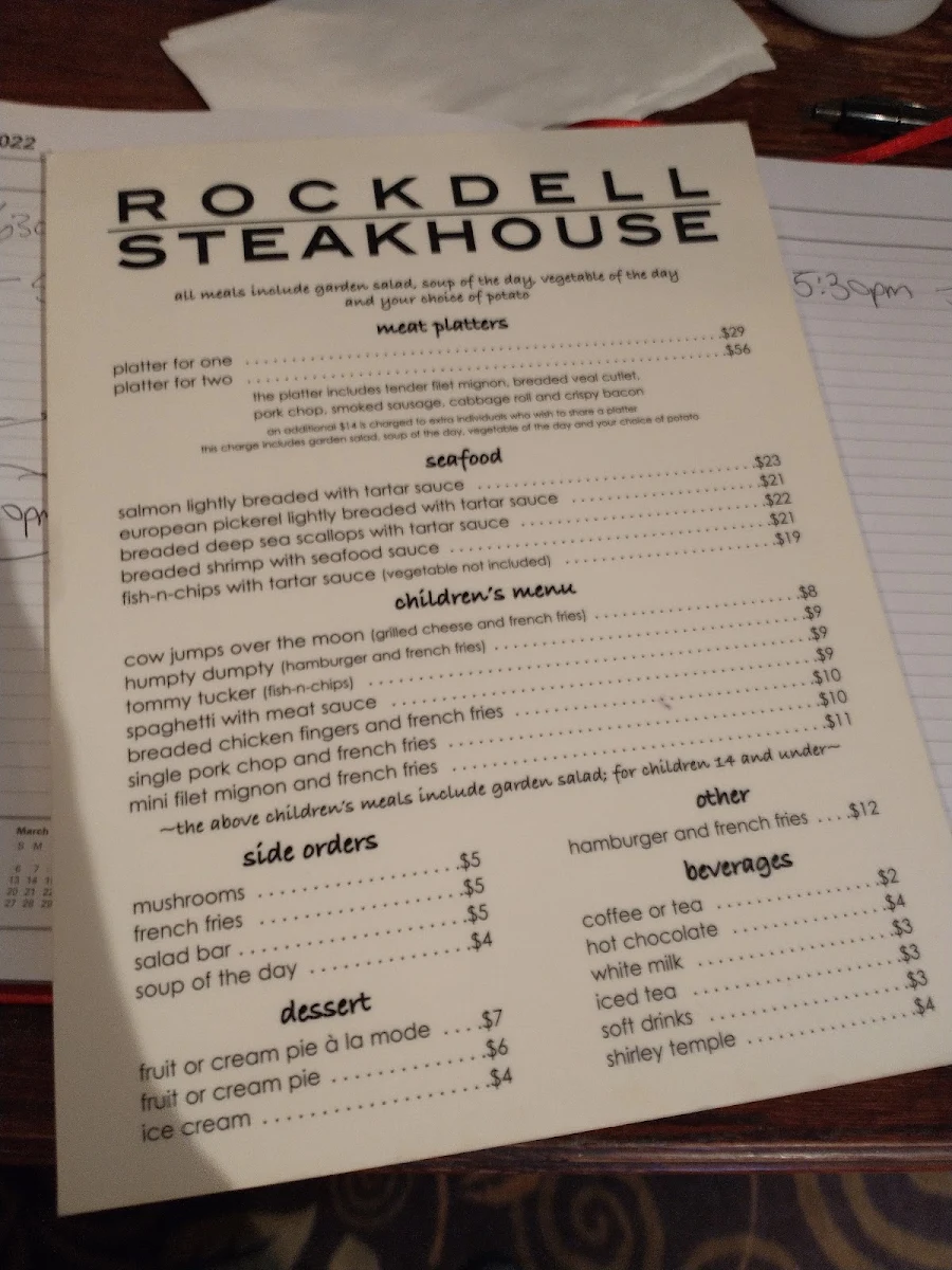 Menu, Rock Dell Steak House
