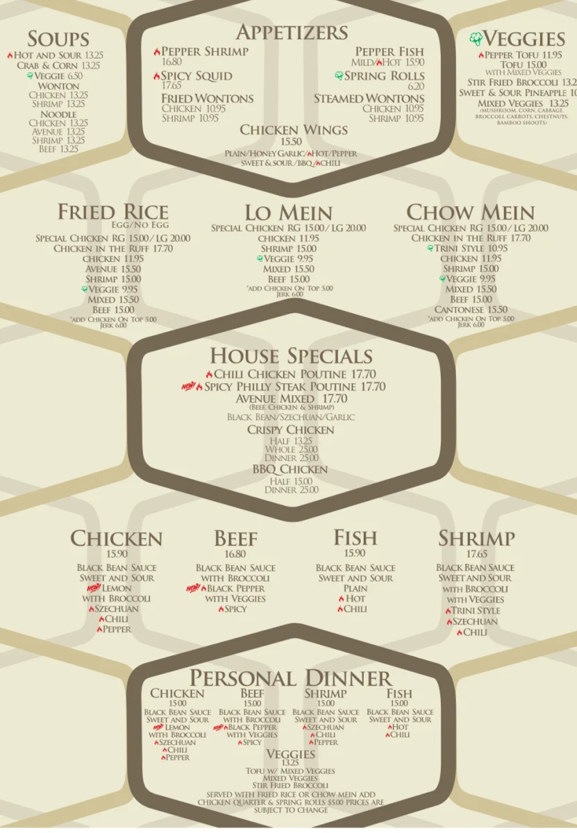 Menu, The Avenue Restaurant and Lounge