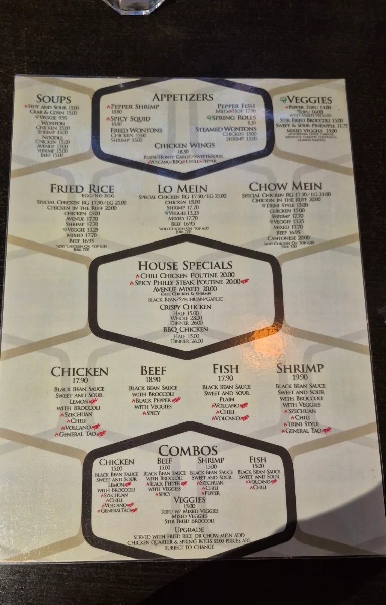 Menu, The Avenue Restaurant and Lounge