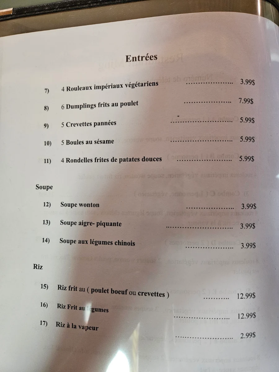 Menu, Restaurant Ming
