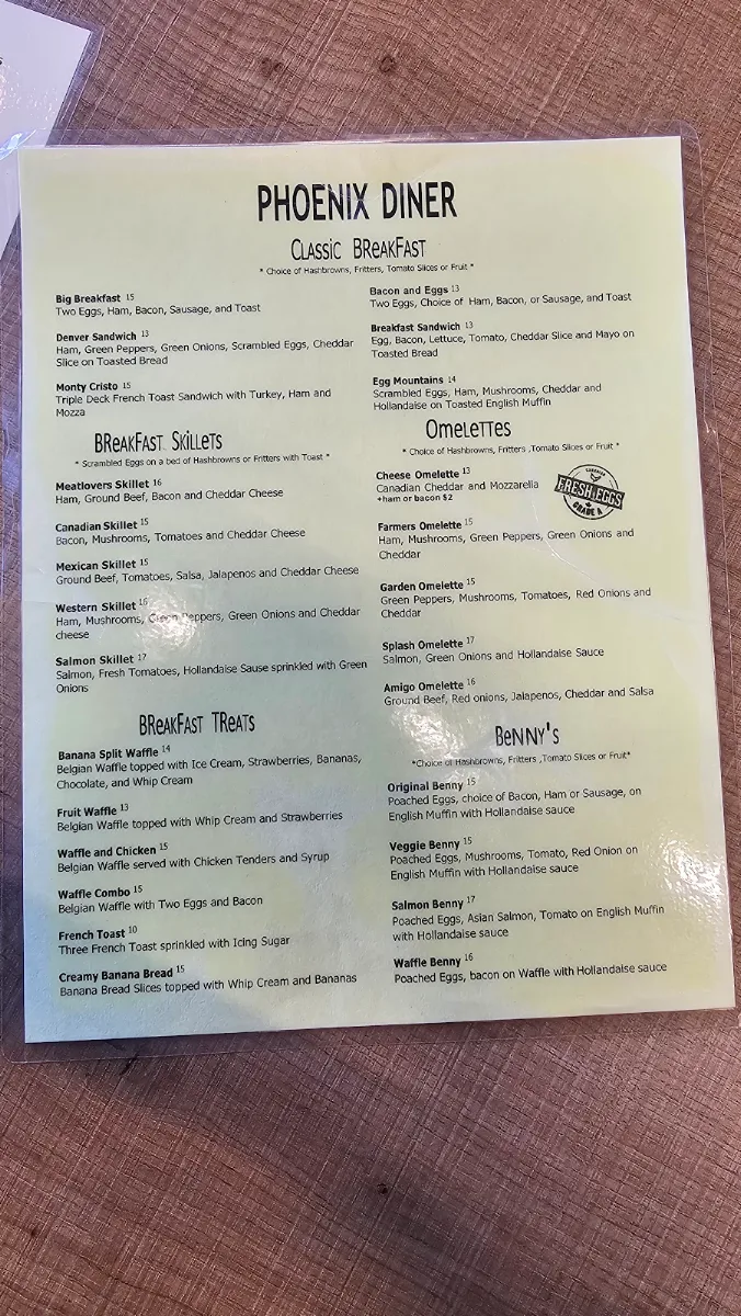 Menu, Phoenix Diner