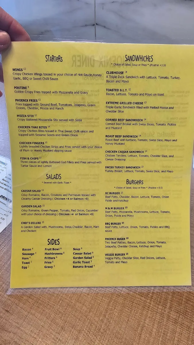 Menu, Phoenix Diner