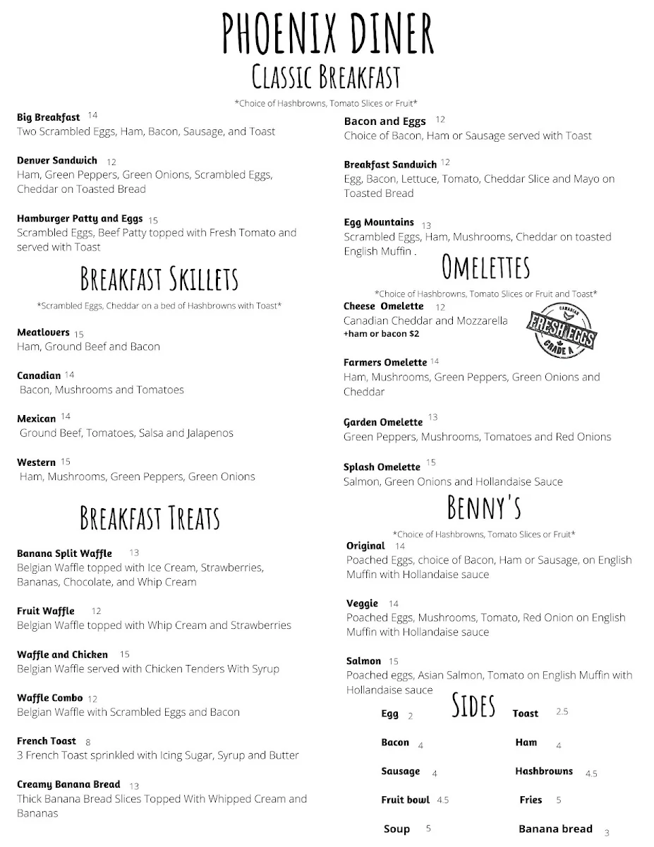 Menu, Phoenix Diner