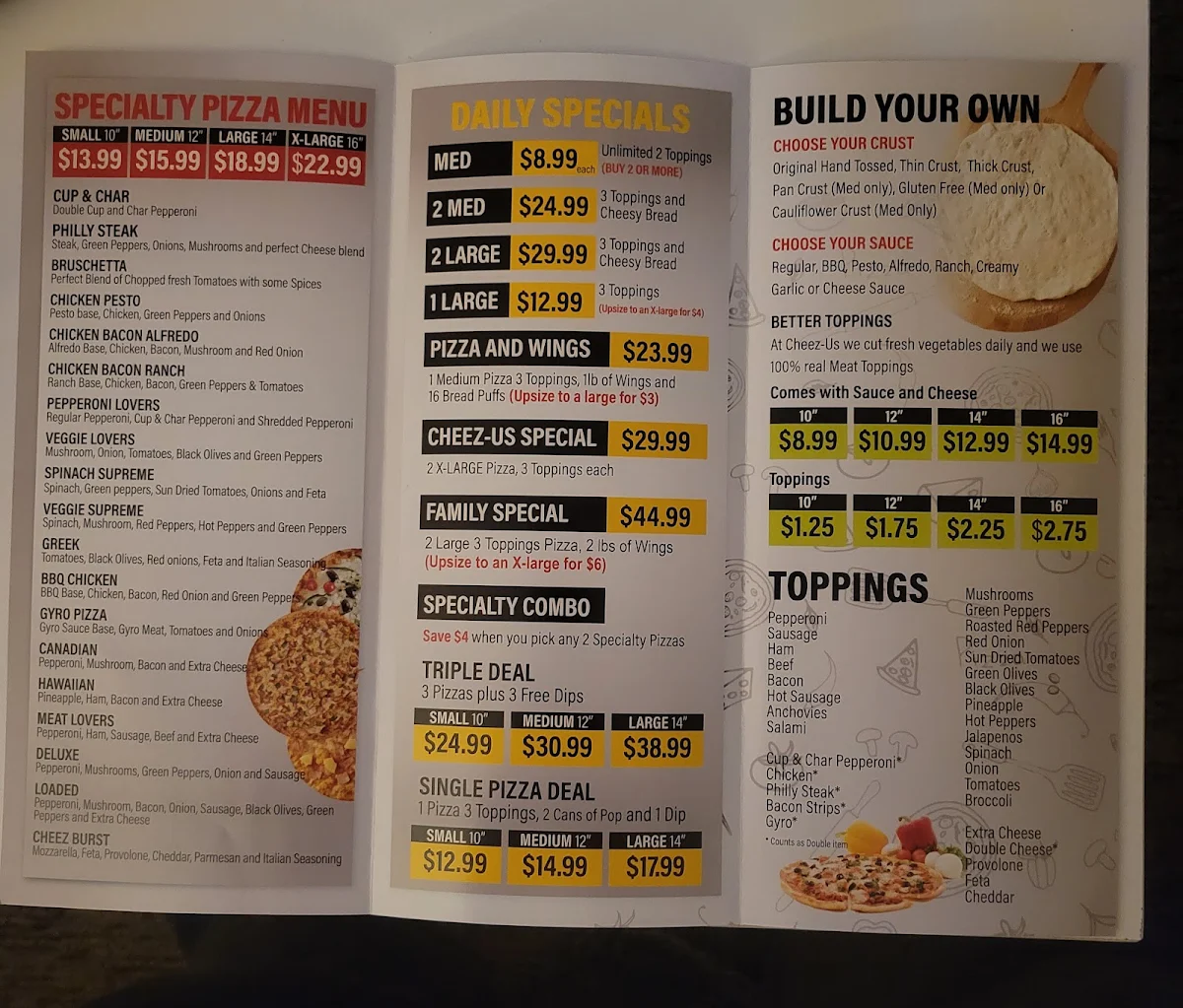 Menu, Cheez-Us Pizza