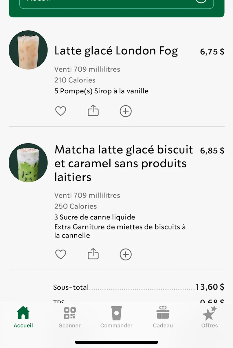 Menu, Starbucks Coffee Company