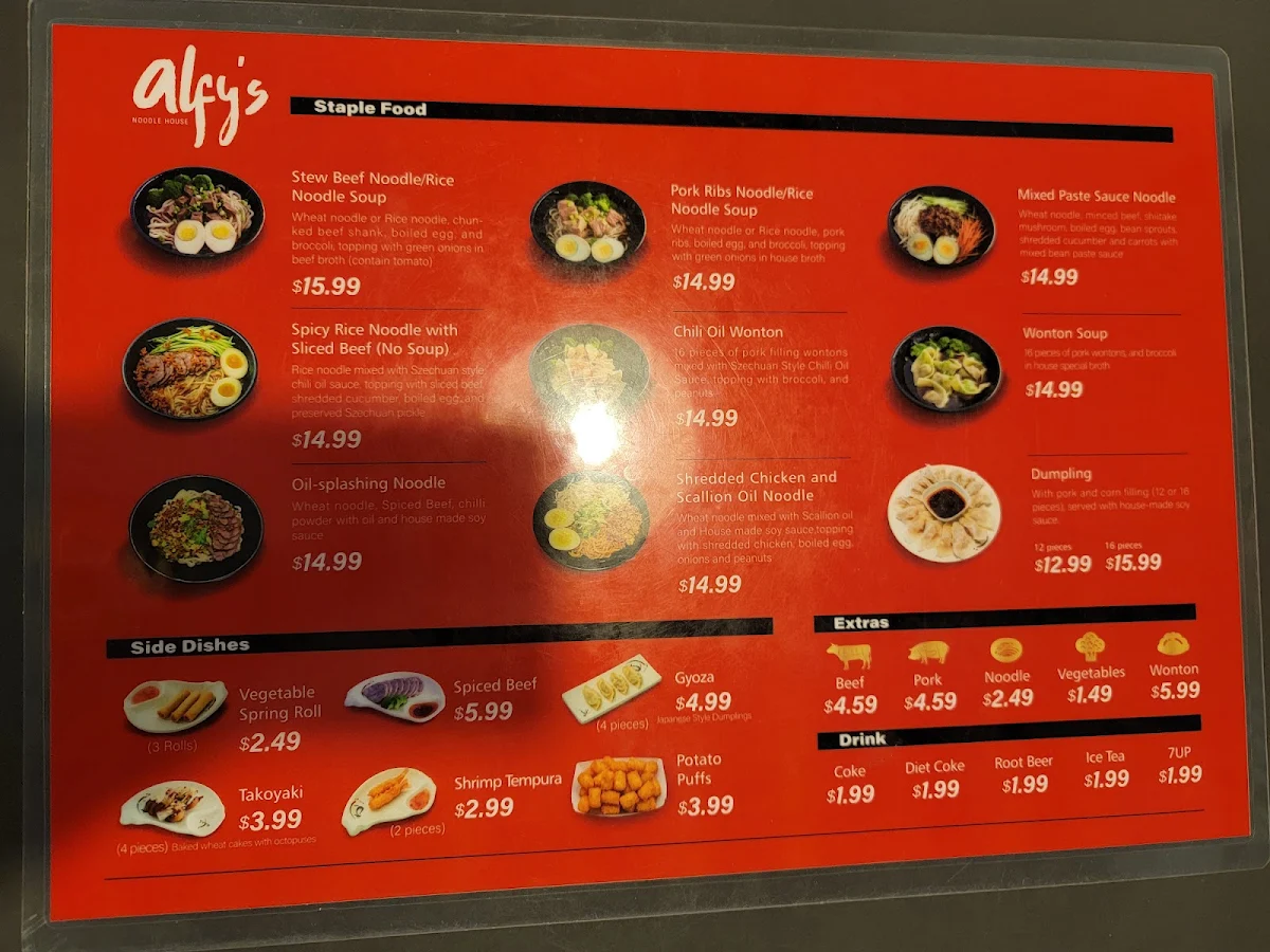 Menu, Alfy's Noodle House