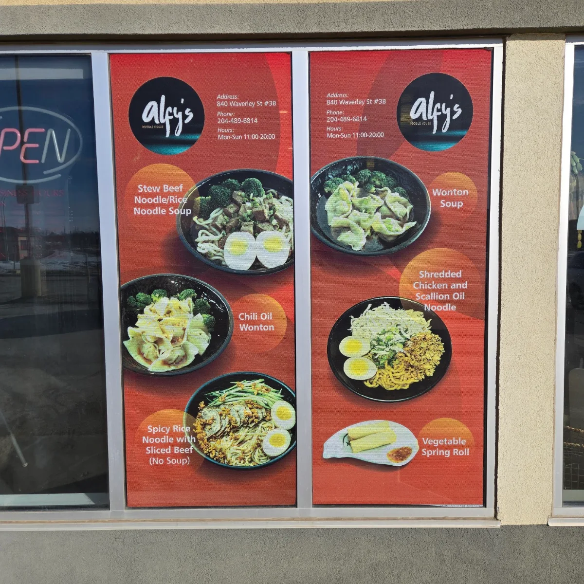 Menu, Alfy's Noodle House