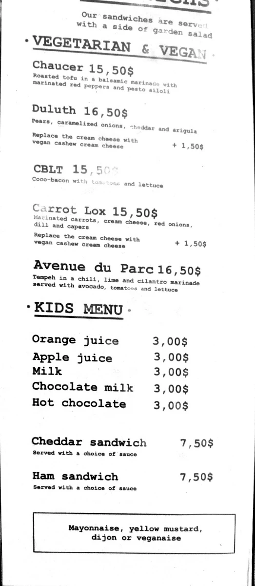 Menu, Café Santropol