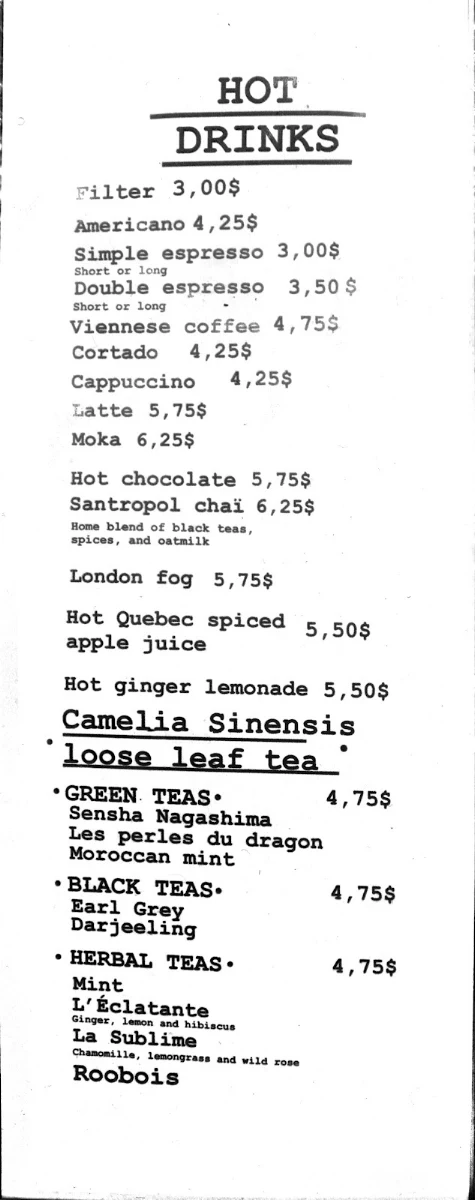 Menu, Café Santropol