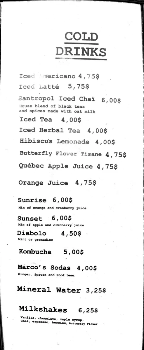 Menu, Café Santropol
