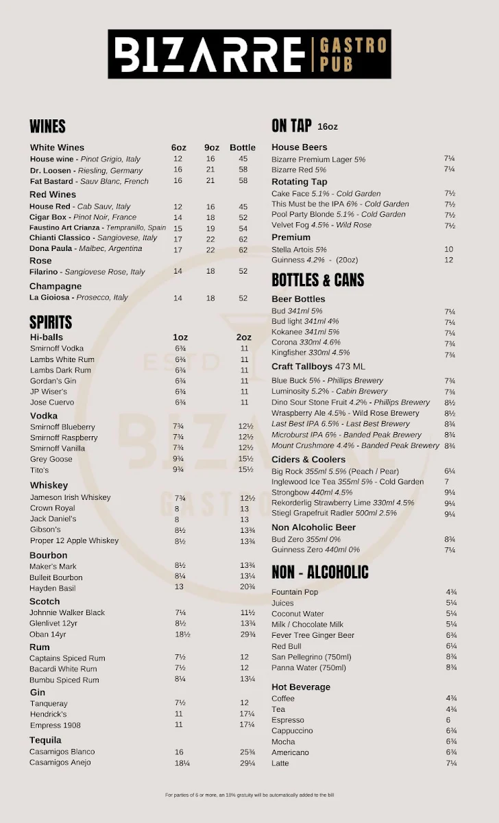 Menu, Bizarre Gastro Pub