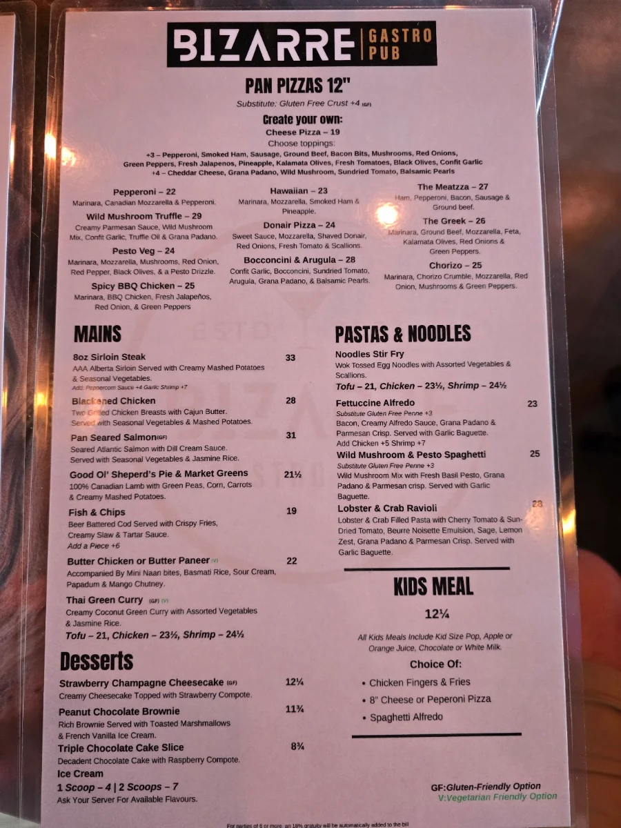 Menu, Bizarre Gastro Pub