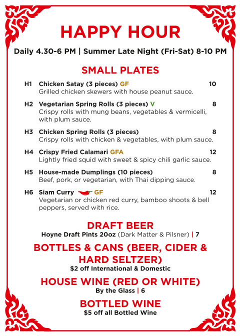 Menu, Siam Thai Restaurant