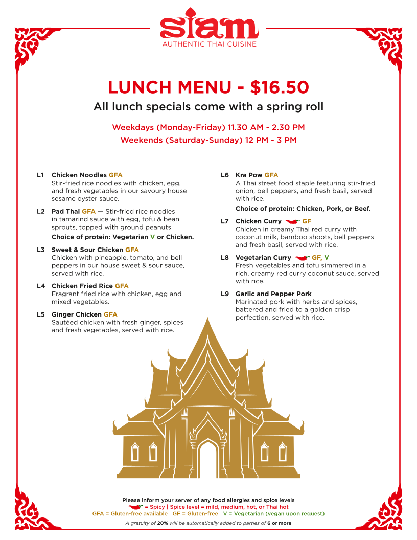 Menu, Siam Thai Restaurant