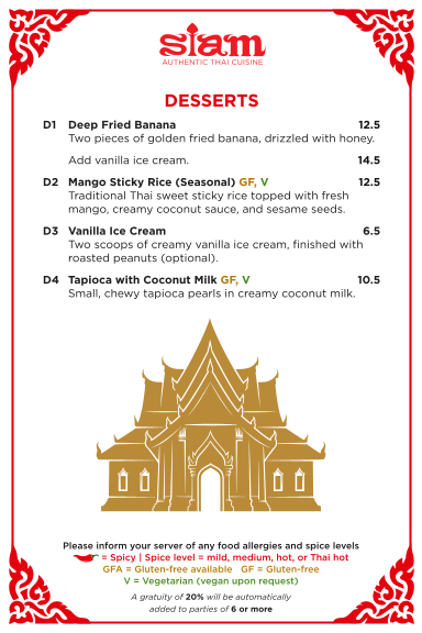 Menu, Siam Thai Restaurant