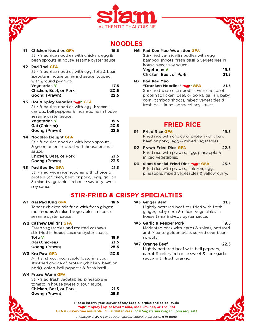 Menu, Siam Thai Restaurant