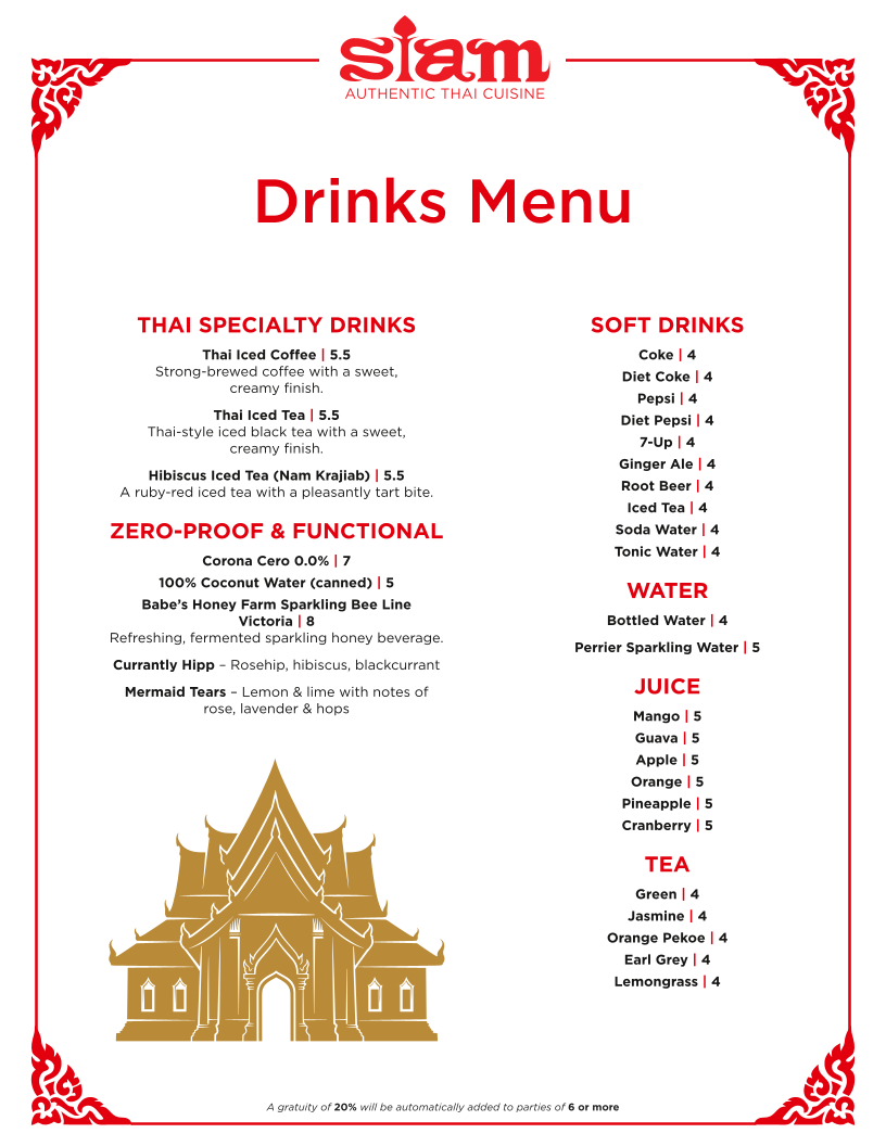 Menu, Siam Thai Restaurant