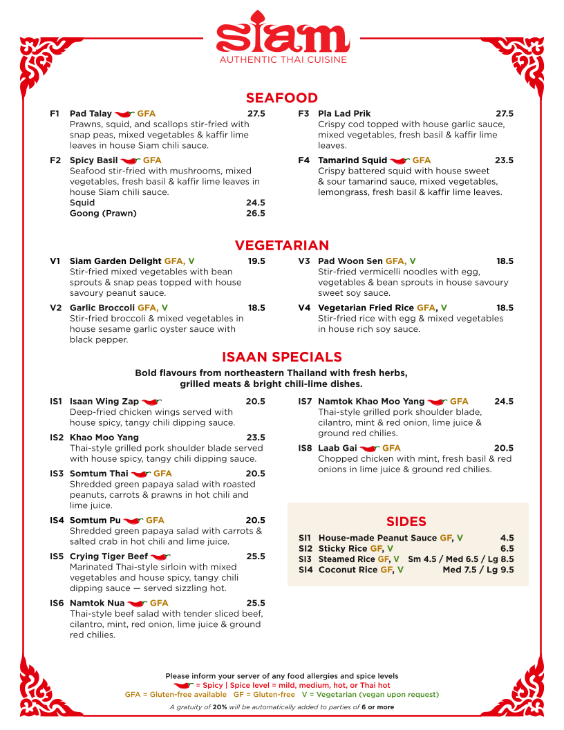 Menu, Siam Thai Restaurant