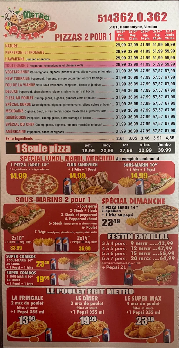 Menu, Metro Pizza Verdun