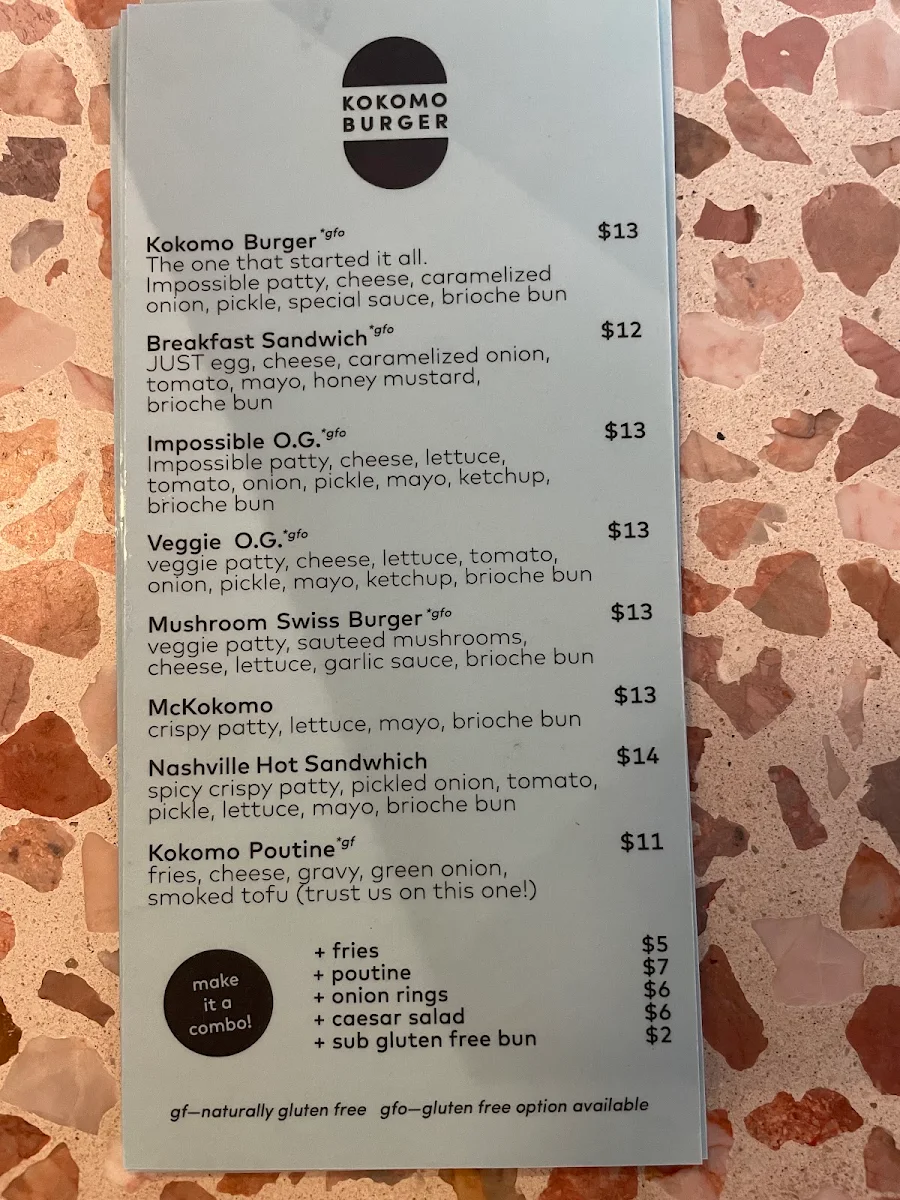 Menu, Kokomo