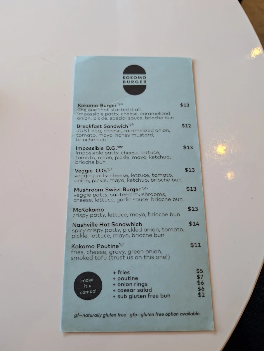 Menu, Kokomo