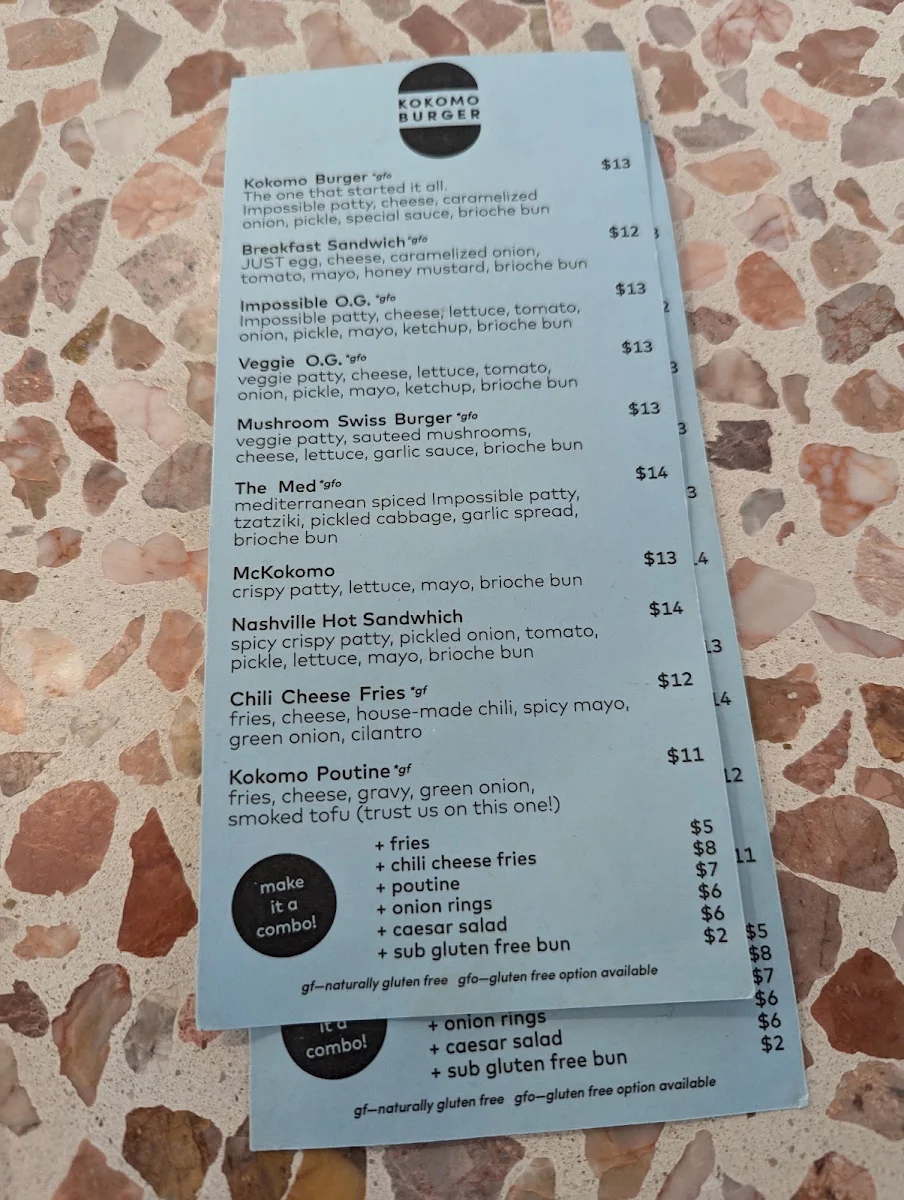 Menu, Kokomo