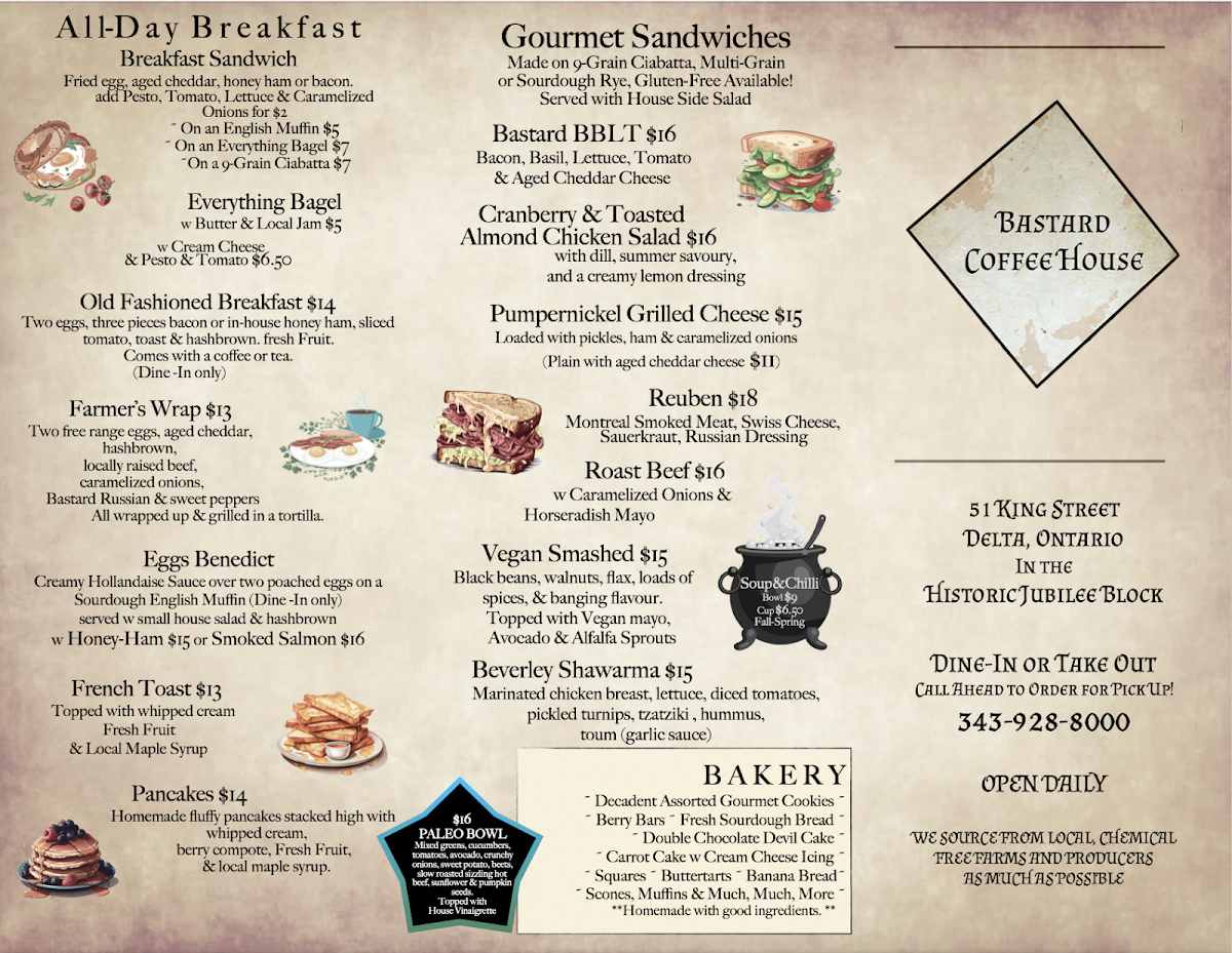 Menu, Bastard Coffee House