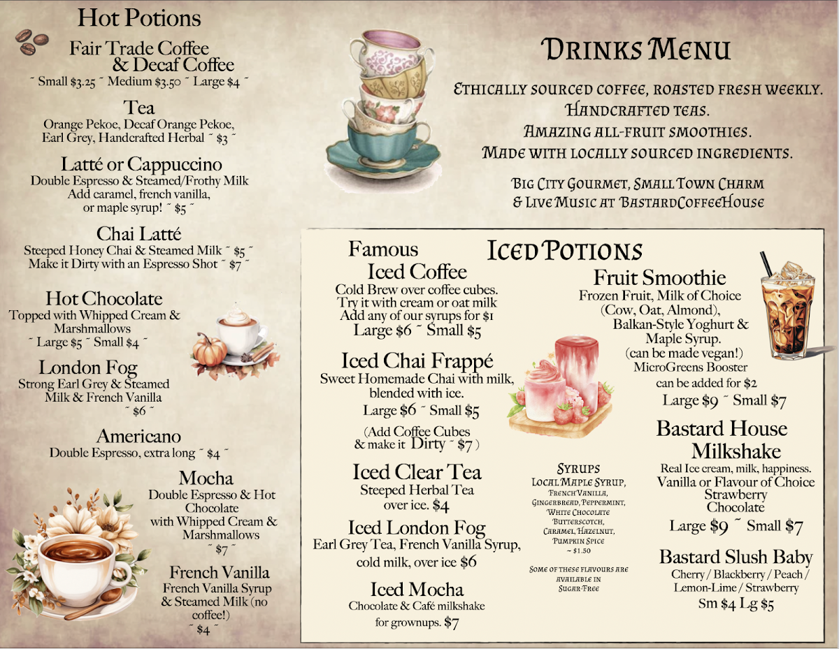 Menu, Bastard Coffee House