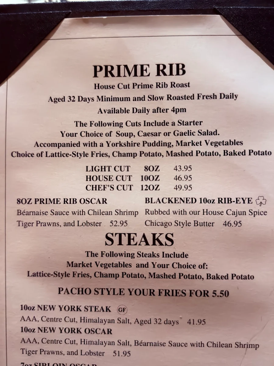 Menu, Carlos O'Bryan's Neighbourhood Pub